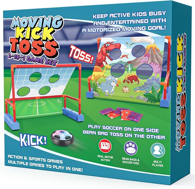 2-in-1 Moving Kick Toss Games for Kids Ages 4-12, Light Up Hover Soccer Ball with Animal Bean Bag Toss, Indoor Outdoor Birthday Toys for 4 5 6 7 8 9 10 11 12 Year Old Boys Girls