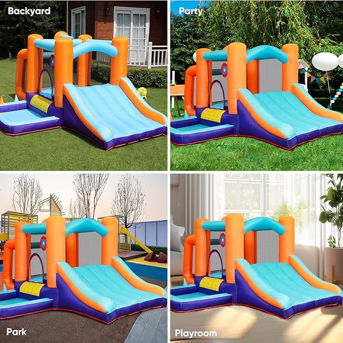TABU Inflatable Bounce House with Slide, Kids Bounce Castle for Indoor Outdoor Play, Jumping Castle with Air Blower, Ball Pit Pool, Basketball Hoop & Football Goal, for Kids Aged 3-8 (158x116x72.8IN)