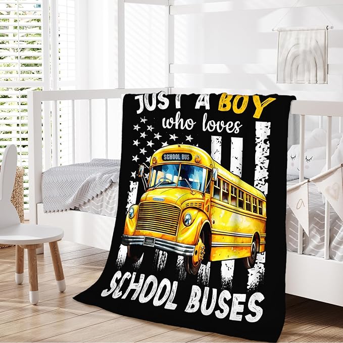 School Bus Blanket for Boys - 30x40 Inches Cute Throw Blanket Gifts for Kids Truck Lovers - Black Soft Fuzzy Bus Car Blankets for Sofa Couch Bed - Bus Stuff