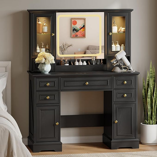43'' Makeup Vanity with Mirror and Lights, Farmhouse Vanity Desk with Drawers & Charging Station, 3 Lighting Modes & Adjustable Brightness, Glass Cabinet, Dressing Table for Bedroom, Black