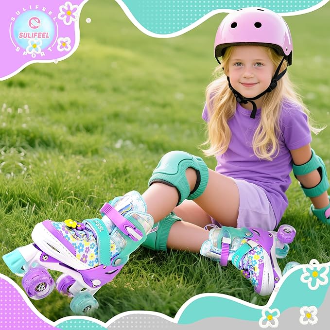 SULIFEEL Rainbow Unicorn 4 Size Adjustable Light up Roller Skates for Girls Boys for Kids