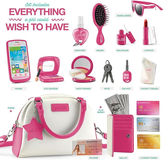 Star Princess Pretend Play Purse Set for Girls - Realistic Purse with Accessories: Toy Phone, Wallet, Credit Cards, Keys, Makeup for Role Playing Toys for Girls Ages 3-8
