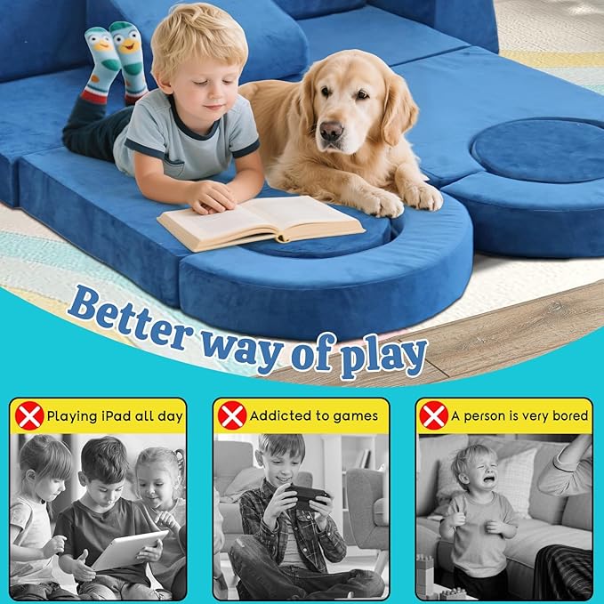 13Pcs Modular Kids Play Couch Toddler Couch Kids Sofa Playroom Furniture Convertible Foam and Floor Cushion Highly Elastic Foam for Boys and Girls (Blue)