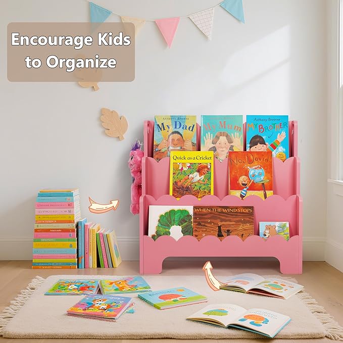 Kids Bookshelf Wooden 3-Tier, Scalloped Book Shelf for Kids Rooms, Front Facing Toddler Montessori Bookshelf, Baby Nursery Book Shelves Kid Classroom Book Shelf Bookcase