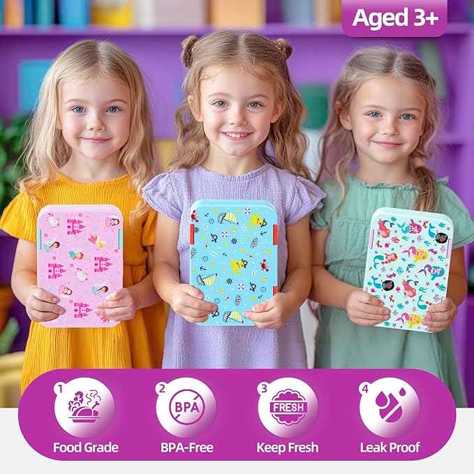 QCQHDU Bento lunch Box for Kids-4 Compartment,1180ml Lunch Containers for Adults,Microwave & Dishwasher & Freezer Safe,School,Work,Picnics with Sauce Vontainers,BPA-Free(Mermaid)