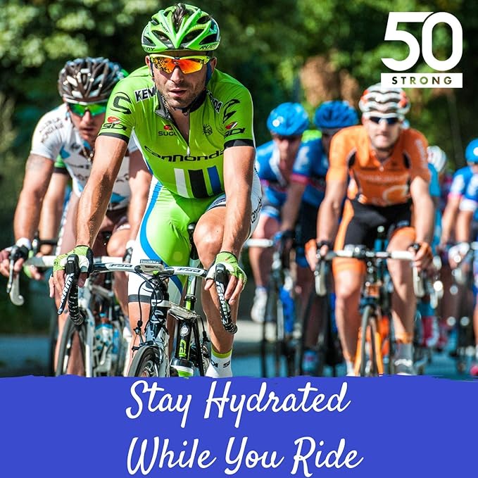 Bike Water Bottle Holder & Bottle Combo – 2-Pack 22 oz Sports Squeeze Bottles with Pull Top Cap & Easy-Install Bike Cage – Made in USA – 50 Strong Brand