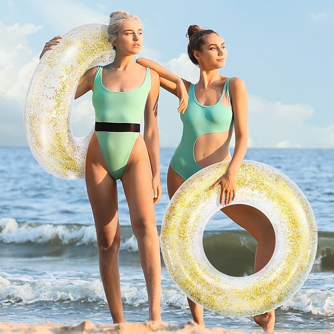 6 Pcs Inflatable Pool Float Tube 30 Inch Swimming Ring with Confetti Glitter Inner Tubes Transparent Swim Floaties Funny Water Floats Toys for Kids Adults Beach Party Supplies (Gold)