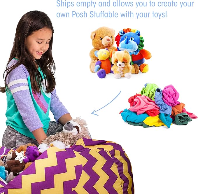 Posh Creations Stuffable Kids Stuffed Animal Storage Bean Bag Chair Cover - Childrens Toy Organizer, Large 38" - Pattern Chevron Purple and Yellow