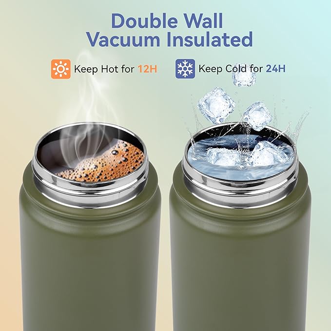 HASLE OUTFITTERS Insulated Water Bottle Kids 16 oz Double Wall Vacuum Stainless Steel Water Bottle Leak Proof for School Wide Mouth with Straw Lid & Spout Lid Keeps Cold and Hot(Army Green,8pack)