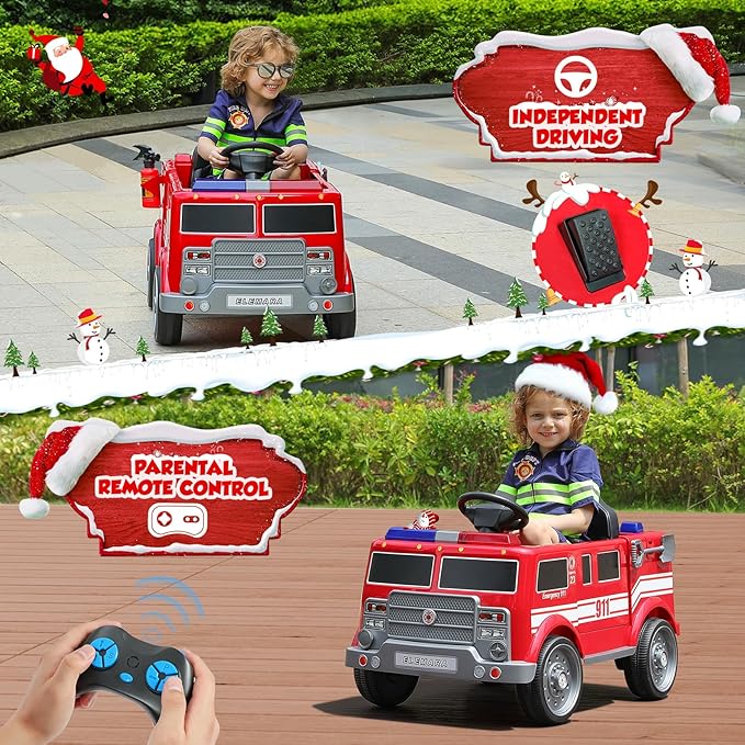 ELEMARA 12V Ride on Fire Truck, Battery Powered Toddler Electric Vehicle w/Parent Remote Control,Ride on Car for Kids,Siren-Call,walkie-talkies, Flashing Lights,Fire Extinguishers, Bluetooth,Music,UBS