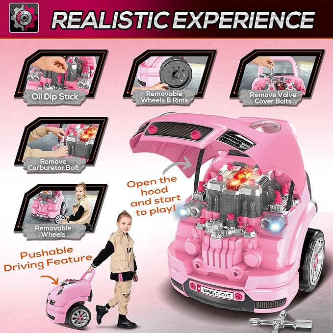 Qaba Truck Engine Toy, Kids Mechanic Set with Lights, Sounds, Steering Wheel and Horn, Pretend Car Service Station Play with 61-Piece Included, Toy Engine Building Kit for Kids Aged 3+, Pink