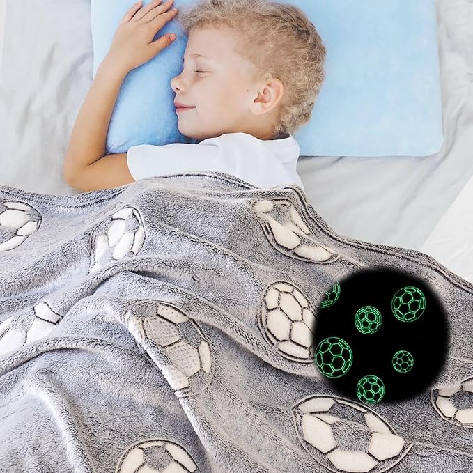 Wajade Soccer Gifts Toys for Boys Girls - Glow in The Dark Soccer Blanket Birthday Christmas Decor for Kids Age 3 4 5 6 7 8 9 10 11 12 Years Old Teens Child Toddler Throw Light Grey 50"x60"