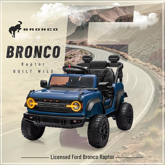 12V Ride on Toy for Kids, Ford Bronco Raptor Kids Electric Car with Parent Remote Control, Battery Powered Truck Car with 4-Wheel Suspension, LED Light, Bluetooth, 3 Speeds (12V, Deepblue)