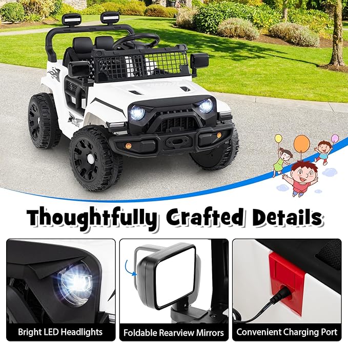 Costzon Kids Ride on Car Truck, 12V Electric Vehicle w/Foldable Mirrors, 3 Speeds, LED Lights, Music & Horn, Ride on Toys Remote Control Car for Toddlers, Boys & Girls (White,34" × 23" × 21")