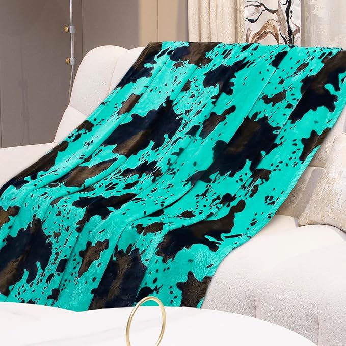 Teal Fleece Blanket Twin Size - Plush Soft Warm Turquoise Cow Print Throw for Bed, Couch, Sofa, Room Decor & Gifts