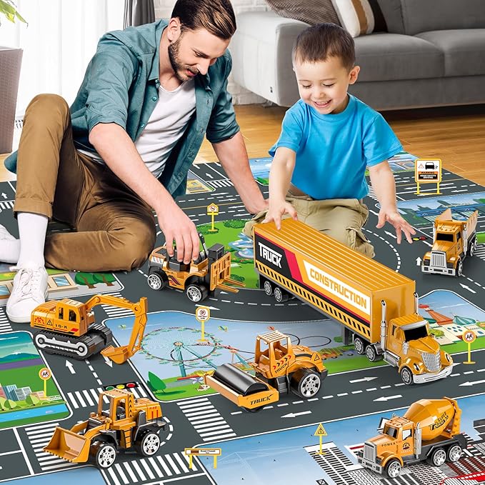 Construction Toys for 3 4 5 6 Years Old Boys Girls Kids, Die Cast Metal Truck Toys W/Play Mat, Sand Toys Trucks Excavator, Dump Truck, Road Roller, Cement Mixer, Car Toys Set for Kids Toddler