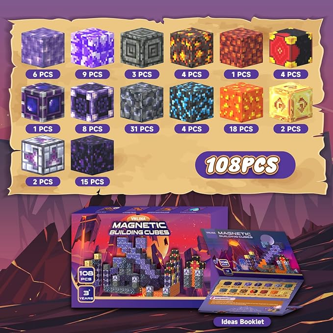 Magnetic Blocks Building Toys - 108PCS Magnet Building Blocks Set Construction Cubes STEM Sensory Stacking Kids Toys for Age 3-5, 4-8, 8-12