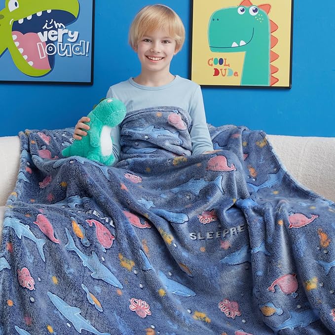Glow in The Dark Whale Blanket,Ocean Whale Gifts Toys for Boys Girls, Birthday Presents Decor for Kids Age 3-14 Year Old Son Teen Child Toddler Luminous Christmas Bedroom Throw Blanket 50"x60"