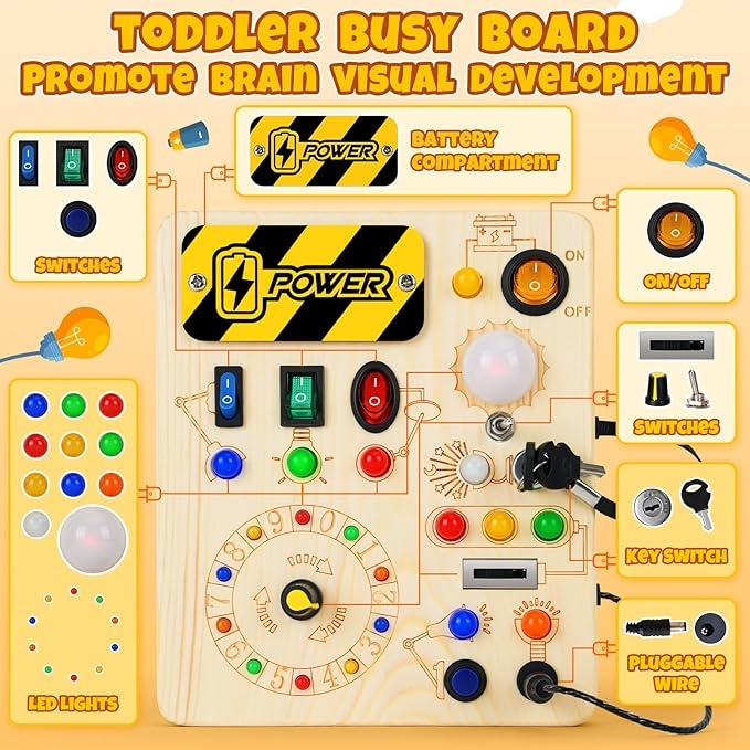 Montessori Busy Board, Wooden Sensory Toy for Toddler with LED Light, Educational Travel Toy, Christmas Birthday Gifts for Toddler