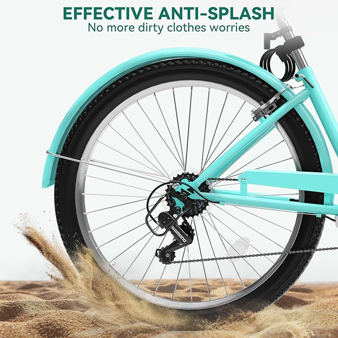 YITAHOME 24 & 26 Inch Beach Cruiser Bike, 7 Speed & Single Speed Commute Bike, Step-Through Bicycle for Adult Women & Men, Steel Frame Cruiser Bike with Full Front & Rear Fenders