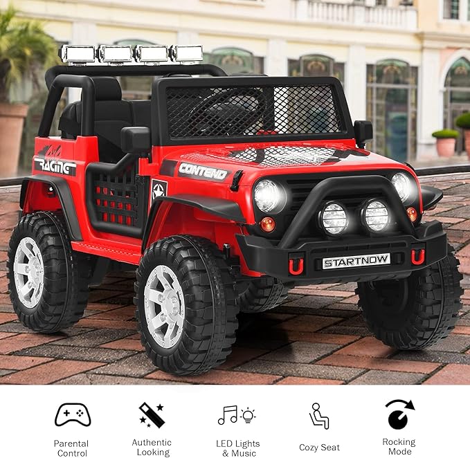 Costzon 2-Seater Ride on Truck, 12V Battery Powered Electric Vehicle w/Remote Control, 2 Speeds, Spring Suspension, LED Light, Horn, Music/ MP3, 2 Doors Open, Ride on Car for Kids (Red)