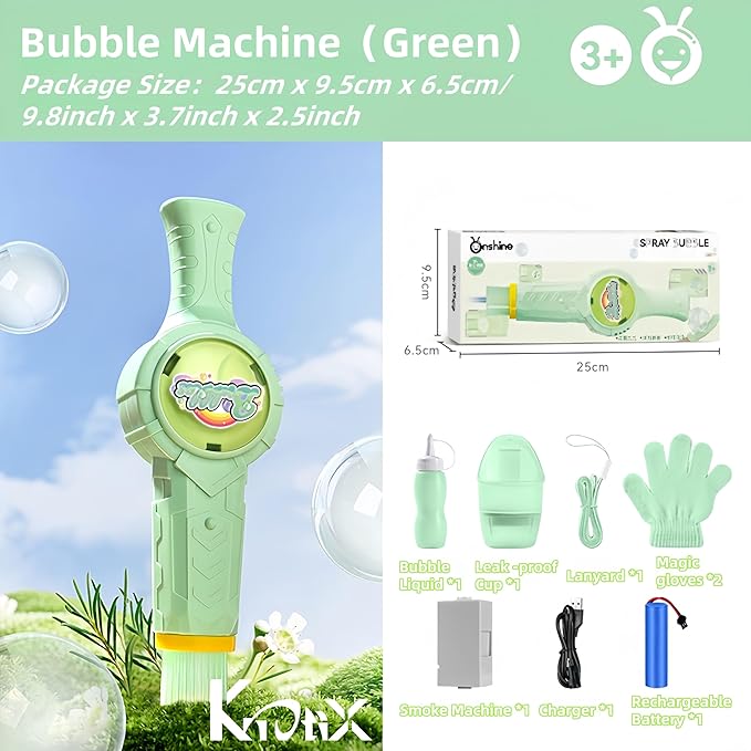 Elastic Smoke Bubble Machine for Kids - Rechargeable Magic Bubble Wand with Lights & Sound, Includes Gloves & Spill-Proof Cup, Safe Bubble Solution, Green & Pink (Green)