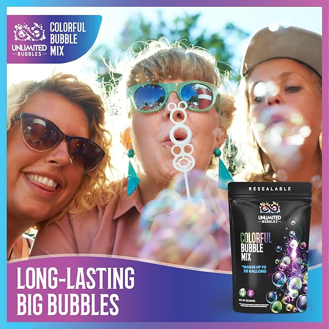 Bubble Solution Mix: Makes up to 30 gallons of Bubble Liquid for Continuous Bubble Entertainment.
