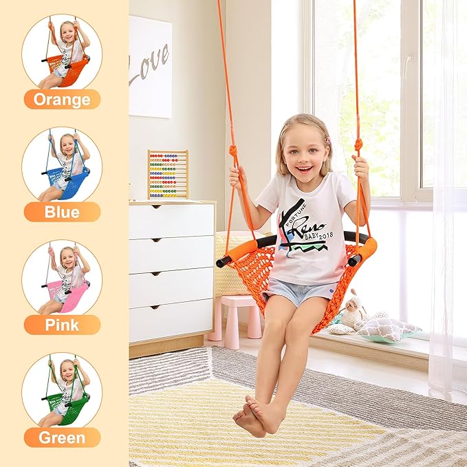 JKsmart Swing Seat for Kids Heavy Duty Rope Play Secure Children Swing Set,Perfect for Indoor,Outdoor,Playground,Home,Tree,with Snap Hooks and Swing Straps,440 lbs Capacity,Orange