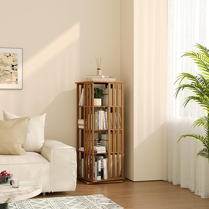 YOWOS Rotating Bookshelf Tower, 360 Display Spinning Bookcase, Bamboo Bookshelf Floor Standing Storage Rack, Wood Narrow Book Shelf Organizer for Kids&Adults (Walnut, 4 Tier)