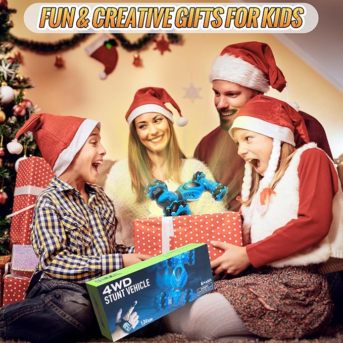 Pristar RC Car Toys for Boys Girls 6-12, Gesture Sensing RC Stunt Car 2.4Ghz 4WD Remote Control Car with Lights Music Double Sided Flip 360° Rotate Off-Road, Birthday Xmas Gifts for Kids Aged 6-12