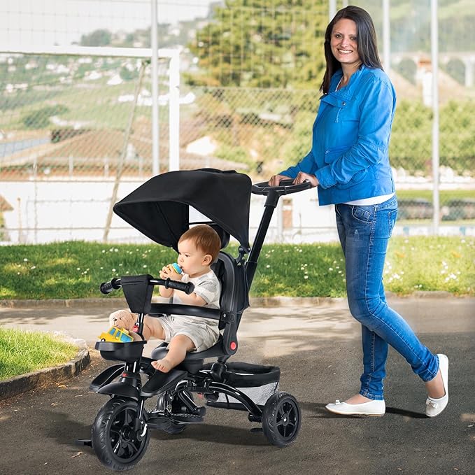 Folding Kids' Tricycle, 8 IN1 Baby Trike W/Removable Canpoy&Parental Push Rod, Toddler Bike Stroller for Kids 1-5 Years, 360° Swivel Seat, EVA Wheels，Storage Basket, Black