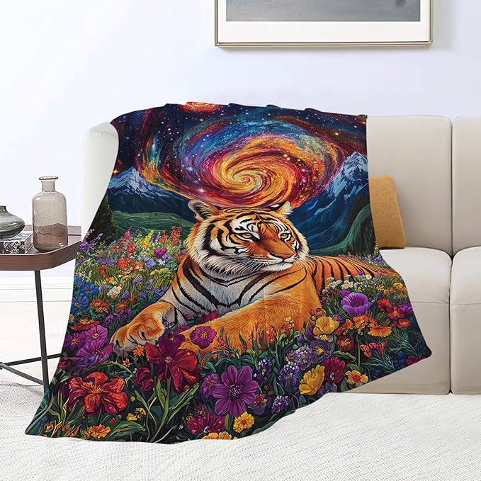 Tiger Blanket Starry Night Floral Animal Throw Blankets Gifts for Girls Boys Kids Tiger Lover Soft Cozy Fleece Plush for Couch Sofa Bed 50"x40"