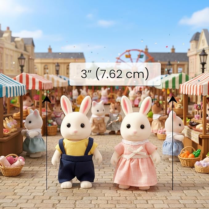 Family Cream Rabbit Figures — Set of 2 Collectible Flocked Mini Dolls with Removable Clothes, Miniature Dollhouse Pretend Play Figures for Kids Ages 3+