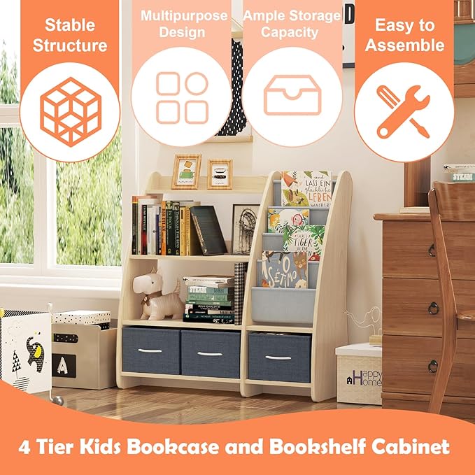 Kids Bookshelf Wood Toy Storage Organizer Cabinet Children Bookcase Toddler Baby Sling Book Rack 3 Cube Bins Sail Boat Arc Shape for Playroom Bedroom Nursery Classroom