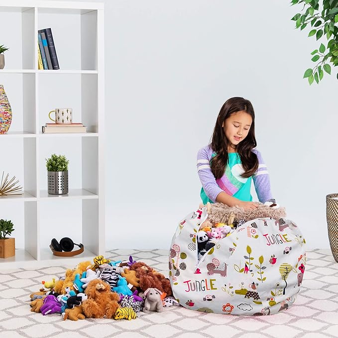 Posh Stuffable Kids Stuffed Animal Storage Bean Bag Chair Cover - Childrens Toy Organizer, Medium 27" - Canvas Jungle White