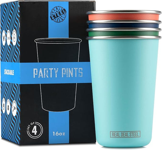 Party Pints: 16 oz Pint Cups, Stackable Tumblers, Eco Friendly Premium Metal Drinking Glasses