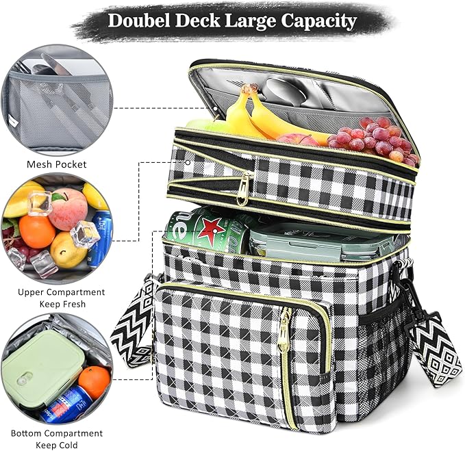 LOKASS Lunch Box for Women-16L-Insulated Lunch Bag Women, Expandable Double-layer Leakproof Cooler Bag with Upgrade Adjustable Shoulder Strap Ideal for Work/Travel/Picnics（Black&White Check）