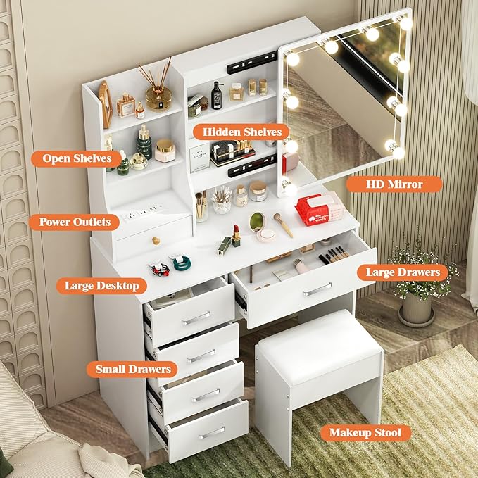 Vanity Desk with Sliding Lighted Mirror, Outlet USB Port, White Vanity Set with Drawers and Stool, 3-Color Adjustable Brightness Lights, Makeup Vanity Dressing Table for Bedroom, Girls & Women Gifts