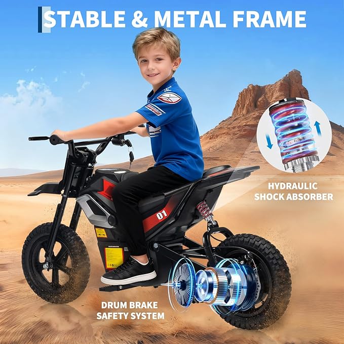 24V Electric Dirt Bike for Kids, 350w Electric Motorcycle for Kids - Up to 13.67Mile/h Long-Range, Ride on Motorcycle with Rear Wheel Suspension, 12 Miles Range, Twist Grip Throttle, Rubber Tire,