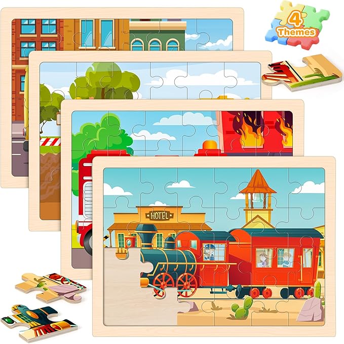 Puzzles for Kids Ages 4-6, 4 Packs 24 Pcs Wooden Jigsaw Puzzles for Toddlers Ages 2-4, Preschool Educational Vehicle Puzzle Toys Gifts for 3 4 5 6 Boys Girls