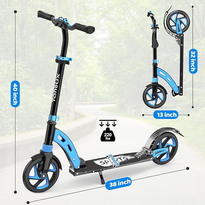 TONBUX Kick Scooter for Ages 6+, Dual Suspension Kids Scooter with Lightweight Aluminum Frame, Adjustable Handlebar Scooters for Kids, Teens and Adults