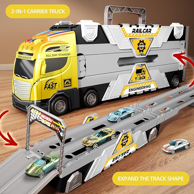 65-Inch Race Car Tracks and 20 Car Toys for Kids Boys Toddlers, Boy Toddler Toys Trucks for 3 4 5 6 7 8 Years Old Kids with Lights Sounds, Truck Toys Gift for 3 4 5 6 7 8 Years Old Boys Girls