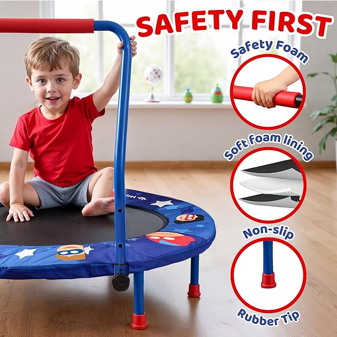 Happin® 36" Mini Foldable Toddler Trampoline for Kids with Height-Adjustable Handle, Noise-Free Kids Trampoline Indoor with Super Safety Pad & Durable Steel Frame, Indoor/Outdoor