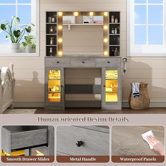 Makeup Vanity with Mirror and Lights, 43'' Wide Dressing Table with Storage Drawers, Open Shelves & Power Outlet, Vanity Desk with RGB Cabinet & Glass Top for Girls Bedroom, Living Room, Grey