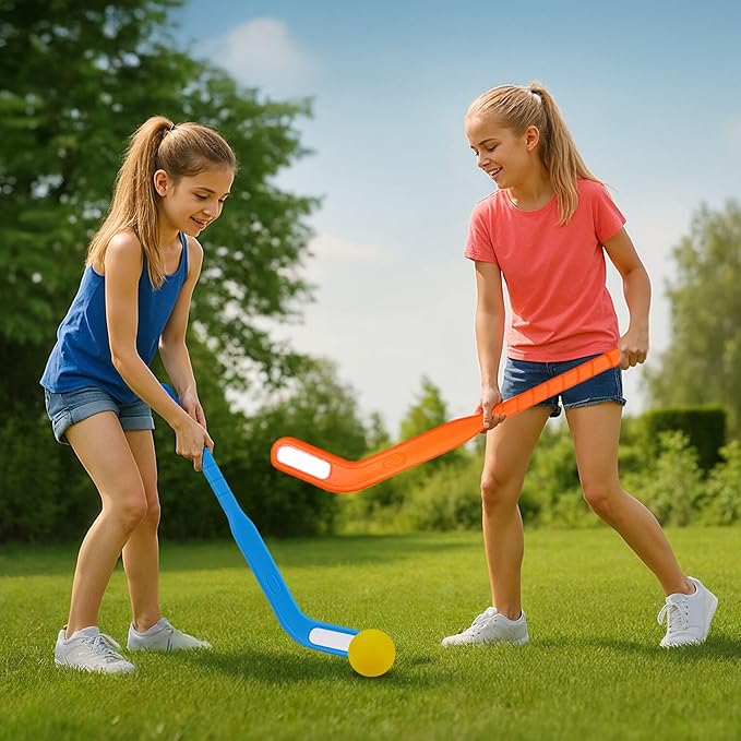 Kids Floor Hockey Stick Set - 29" Youth Indoor Outdoor Toys Sports Starter Set with Plastic Puck and Ball for Toddlers, Children Ages 3-7 (2 Pack)
