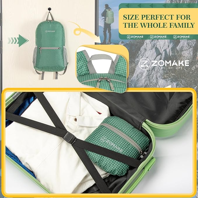 ZOMAKE Ultra Lightweight Hiking Backpack 20L - Packable Small Backpacks Water Resistant Daypack for Women Men(Forest Green Plaid)