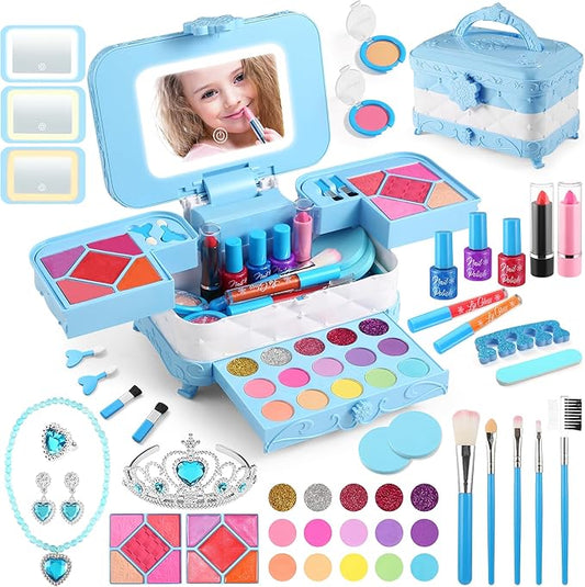 57 in 1 Kids Makeup Kit With 3-Color LED Mirror, Real Washable, Perfect Girl Birthday Gift, Age 3+