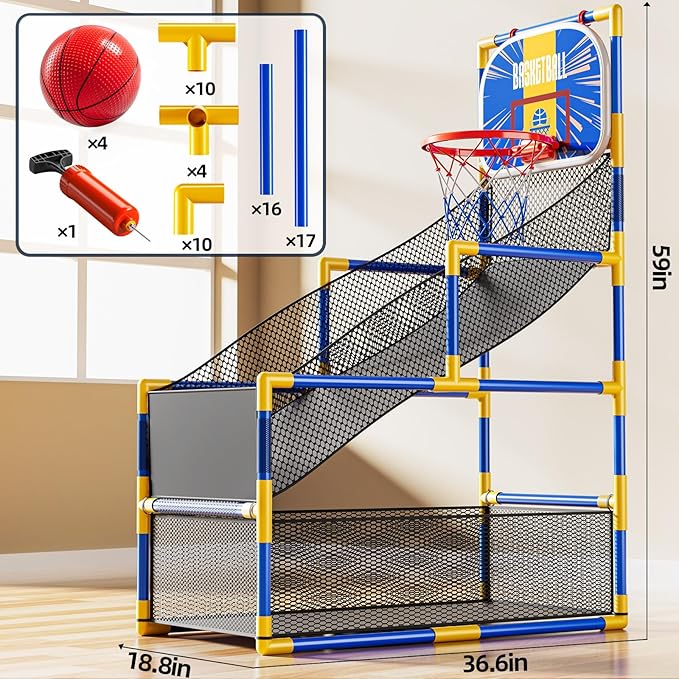 Arcade Basketball Game Indoor, Kids Ajustable Basketball Hoop, Outdoor Carnival Sports Play Toy with 4 Balls and Air Pump, Educational Birthday Gift for Boys Girls 3 4 5 6 7 8 Year Old (Blue)