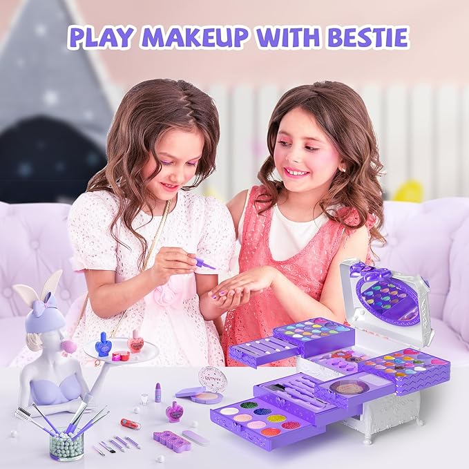Kids Makeup Sets for Girls, 66pcs Real Cosmetic for Kids Toys with Mirror, Princess Washable Girls Makeup Kit, Non-Toxic & Safe Brithday Gifts for 3 4 5 6 7 8 10 - 12 Years Old（Purple White）
