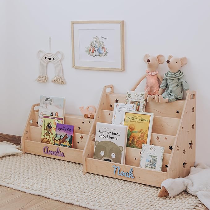 Personalized Montessori Bookshelf for Toddlers, Handmade Wooden Kids Book Organizer, Nursery and Playroom Storage, Custom Name Gift for Baby Shower or Birthday